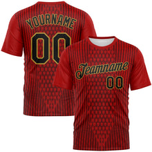 Load image into Gallery viewer, Custom Red Black-Old Gold 3D Pattern Pixel Vertical Stripe Hexagon Performance T-Shirt