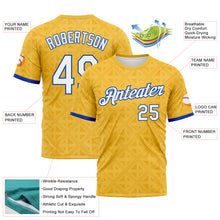 Laden Sie das Bild in den Galerie-Viewer, Custom Gold White-Thunder Blue Geometric Sportswear Performance T-Shirt