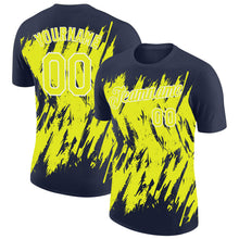 Load image into Gallery viewer, Custom Navy Neon Yellow-White Torn Sharp Brush Stroke Splatter Performance T-Shirt