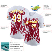 Laden Sie das Bild in den Galerie-Viewer, Custom White Crimson-Yellow Torn Sharp Brush Stroke Splatter Performance T-Shirt