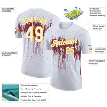 Laden Sie das Bild in den Galerie-Viewer, Custom White Burgundy-Yellow Dripping Splatter Paint Performance T-Shirt