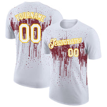Laden Sie das Bild in den Galerie-Viewer, Custom White Burgundy-Yellow Dripping Splatter Paint Performance T-Shirt