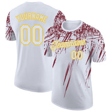 Laden Sie das Bild in den Galerie-Viewer, Custom White Burgundy-Yellow Distressed Scratch Brush Stroke Performance T-Shirt