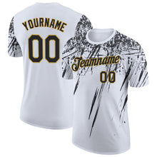 Load image into Gallery viewer, Custom White Black-Old Gold Distressed Scratch Brush Stroke Performance T-Shirt