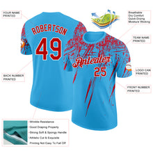 Load image into Gallery viewer, Custom Sky Blue Red-White Distressed Scratch Brush Stroke Performance T-Shirt