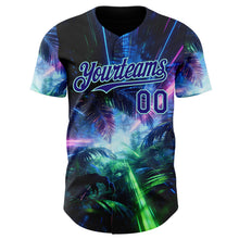 Загрузить изображение в средство просмотра галереи, Custom Black Dark Purple-Ice Blue Cyber Tropical Palm Trees Dinosaur Gothic Fantasy Authentic Baseball Jersey