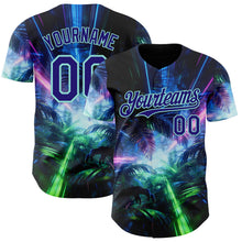 Загрузить изображение в средство просмотра галереи, Custom Black Dark Purple-Ice Blue Cyber Tropical Palm Trees Dinosaur Gothic Fantasy Authentic Baseball Jersey