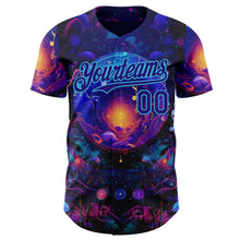 Laden Sie das Bild in den Galerie-Viewer, Custom Blue Dark Purple-Sky Blue Cyber Tropical Palm Trees Music Festival Cosmic Nebula Authentic Baseball Jersey
