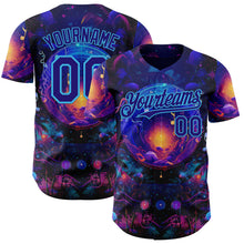 Laden Sie das Bild in den Galerie-Viewer, Custom Blue Dark Purple-Sky Blue Cyber Tropical Palm Trees Music Festival Cosmic Nebula Authentic Baseball Jersey