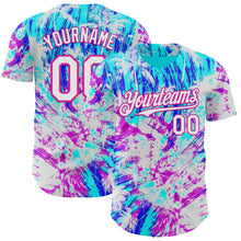 Load image into Gallery viewer, Custom Ice Blue White Blue-Deep Pink Cyber Tropical Palm Trees Music Festival Authentic Baseball Jersey