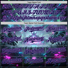 Load image into Gallery viewer, Custom Gray Navy Black-Medium Purple Cyber Tropical Palm Trees Music Festival Authentic Baseball Jersey