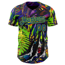 Laden Sie das Bild in den Galerie-Viewer, Custom Black Royal-Neon Green Cyber Tropical Palm Trees Music Festival Claw Marks Authentic Baseball Jersey