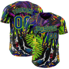 Laden Sie das Bild in den Galerie-Viewer, Custom Black Royal-Neon Green Cyber Tropical Palm Trees Music Festival Claw Marks Authentic Baseball Jersey