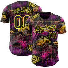 Laden Sie das Bild in den Galerie-Viewer, Custom Black Purple-Light Yellow Cyber Tropical Palm Trees Music Festival Authentic Baseball Jersey