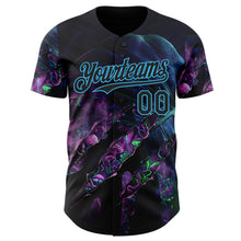 Laden Sie das Bild in den Galerie-Viewer, Custom Black-Sky Blue Cyber Tropical Palm Trees Gothic Fantasy Gothic Fantasy Authentic Baseball Jersey