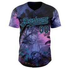 Laden Sie das Bild in den Galerie-Viewer, Custom Blue Black Purple-Sky Blue Cyber Tropical Palm Trees Music Festival Authentic Baseball Jersey