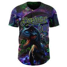Laden Sie das Bild in den Galerie-Viewer, Custom Black Dark Purple-Neon Green Cyber Tropical Palm Trees Music Festival Gothic Fantasy Authentic Baseball Jersey