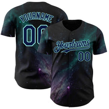 Load image into Gallery viewer, Custom Black Navy-Ice Blue Galaxy Star Nebula Authentic Baseball Jersey