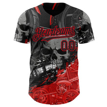 Laden Sie das Bild in den Galerie-Viewer, Custom Black-Fire Red 3D Pattern Design Motorcycle Motocross Skull Authentic Baseball Jersey