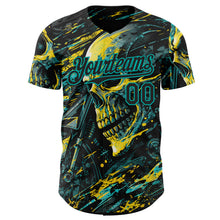 Laden Sie das Bild in den Galerie-Viewer, Custom Black Yellow-Aqua 3D Pattern Design Motorcycle Motocross Skull Authentic Baseball Jersey