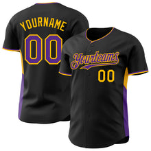 Load image into Gallery viewer, Custom Black Purple-Gold Classic Color Block Side Panel Stripe Authentic Baseball Jersey