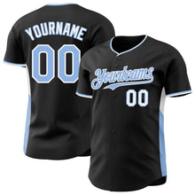 Load image into Gallery viewer, Custom Black Light Blue-White Classic Color Block Side Panel Stripe Authentic Baseball Jersey