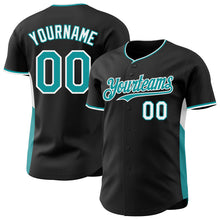 Laden Sie das Bild in den Galerie-Viewer, Custom Black Teal-White Classic Color Block Side Panel Stripe Authentic Baseball Jersey