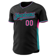 Laden Sie das Bild in den Galerie-Viewer, Custom Black Pink-Teal Classic Color Block Side Panel Stripe Authentic Baseball Jersey