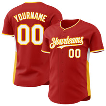 Загрузить изображение в средство просмотра галереи, Custom Red White-Gold Classic Color Block Side Panel Stripe Authentic Baseball Jersey