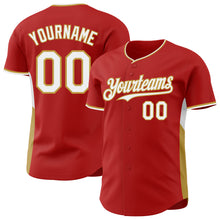 Load image into Gallery viewer, Custom Red White-Old Gold Classic Color Block Side Panel Stripe Authentic Baseball Jersey