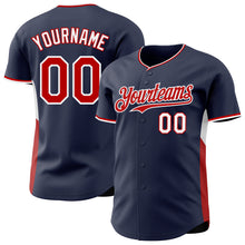 Load image into Gallery viewer, Custom Navy Red-White Classic Color Block Side Panel Stripe Authentic Baseball Jersey