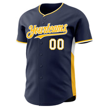 Charger l'image dans la galerie, Custom Navy Gold-White Classic Color Block Side Panel Stripe Authentic Baseball Jersey