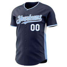 Загрузить изображение в средство просмотра галереи, Custom Navy Light Blue-White Classic Color Block Side Panel Stripe Authentic Baseball Jersey