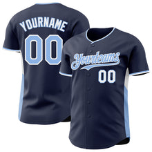 Загрузить изображение в средство просмотра галереи, Custom Navy Light Blue-White Classic Color Block Side Panel Stripe Authentic Baseball Jersey