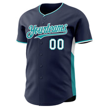 Laden Sie das Bild in den Galerie-Viewer, Custom Navy Teal-White Classic Color Block Side Panel Stripe Authentic Baseball Jersey