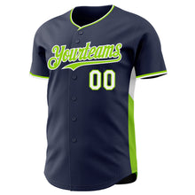 Load image into Gallery viewer, Custom Navy Neon Green-White Classic Color Block Side Panel Stripe Authentic Baseball Jersey