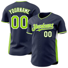 Load image into Gallery viewer, Custom Navy Neon Green-White Classic Color Block Side Panel Stripe Authentic Baseball Jersey