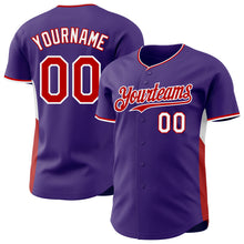 Laden Sie das Bild in den Galerie-Viewer, Custom Purple Red-White Classic Color Block Side Panel Stripe Authentic Baseball Jersey