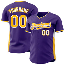 Charger l'image dans la galerie, Custom Purple Gold-White Classic Color Block Side Panel Stripe Authentic Baseball Jersey