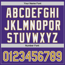 Charger l'image dans la galerie, Custom Purple Old Gold-White Classic Color Block Side Panel Stripe Authentic Baseball Jersey