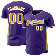 Charger l'image dans la galerie, Custom Purple Old Gold-White Classic Color Block Side Panel Stripe Authentic Baseball Jersey