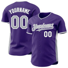 Load image into Gallery viewer, Custom Purple Gray-White Classic Color Block Side Panel Stripe Authentic Baseball Jersey