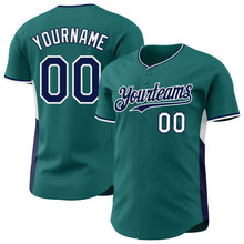 Laden Sie das Bild in den Galerie-Viewer, Custom Teal Navy-White Classic Color Block Side Panel Stripe Authentic Baseball Jersey