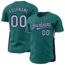 Laden Sie das Bild in den Galerie-Viewer, Custom Teal Gray-Navy Classic Color Block Side Panel Stripe Authentic Baseball Jersey