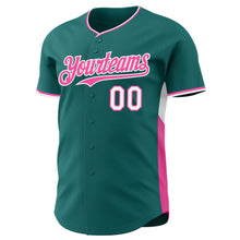 Загрузить изображение в средство просмотра галереи, Custom Teal Pink-White Classic Color Block Side Panel Stripe Authentic Baseball Jersey