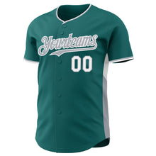 Charger l'image dans la galerie, Custom Teal Gray-White Classic Color Block Side Panel Stripe Authentic Baseball Jersey