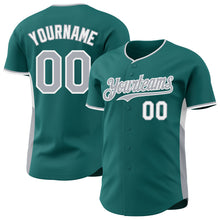 Charger l'image dans la galerie, Custom Teal Gray-White Classic Color Block Side Panel Stripe Authentic Baseball Jersey