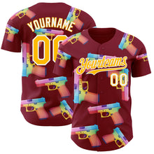 Laden Sie das Bild in den Galerie-Viewer, Custom Crimson Gold-White Colorful Firepower 3D Pattern Design Authentic Baseball Jersey