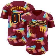 Laden Sie das Bild in den Galerie-Viewer, Custom Crimson Navy-Gold Colorful Firepower 3D Pattern Design Authentic Baseball Jersey