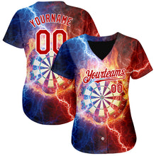 Load image into Gallery viewer, Custom Black Red-White 3D Pattern Design Lightning Flame Dart Board Authentic Baseball Jersey